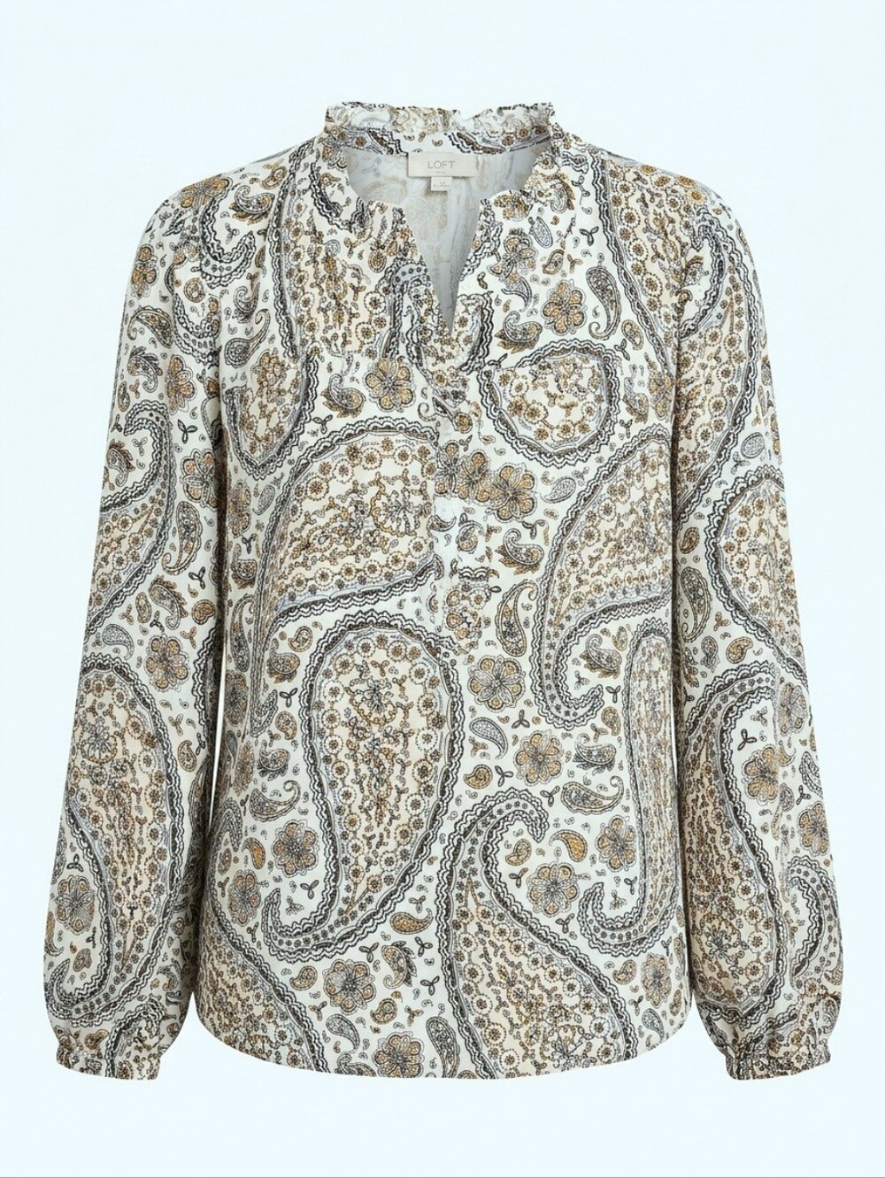 LOFT Outlet Paisley Ruffle Neck Long Sleeve Blouse NWT Sz L Boho-chic